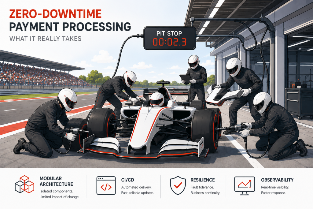 Discover what zero-downtime payment processing requires, from modular architecture and containerised deployment to automated delivery, resilience, monitoring, and operational control.